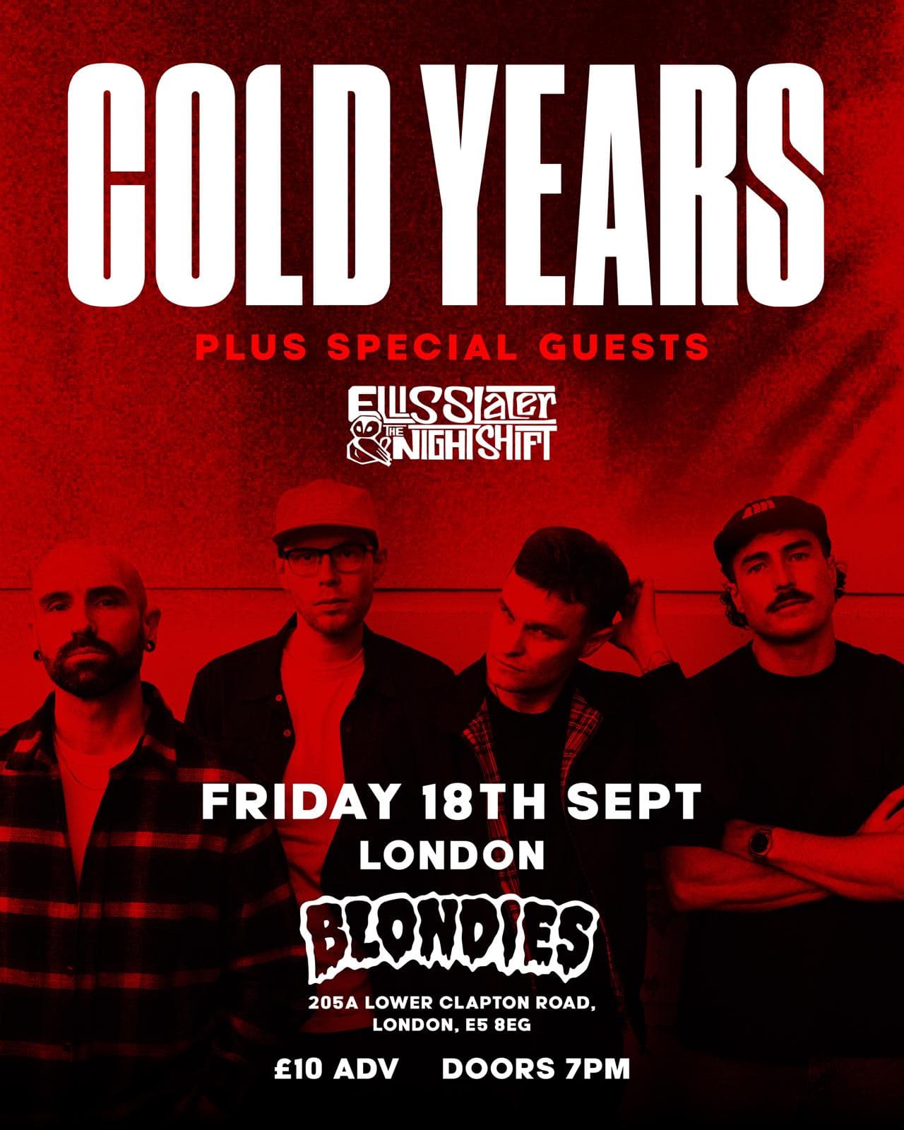 Poster for Ellis Slater & The Night Shift at Blondies with Cold Years